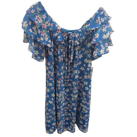 Roz & Ali Dresses & Skirts - Roz & Ali Womens Blue Floral Flutter Sleeve Off Shoulder Boho Dress Size 8 NEW